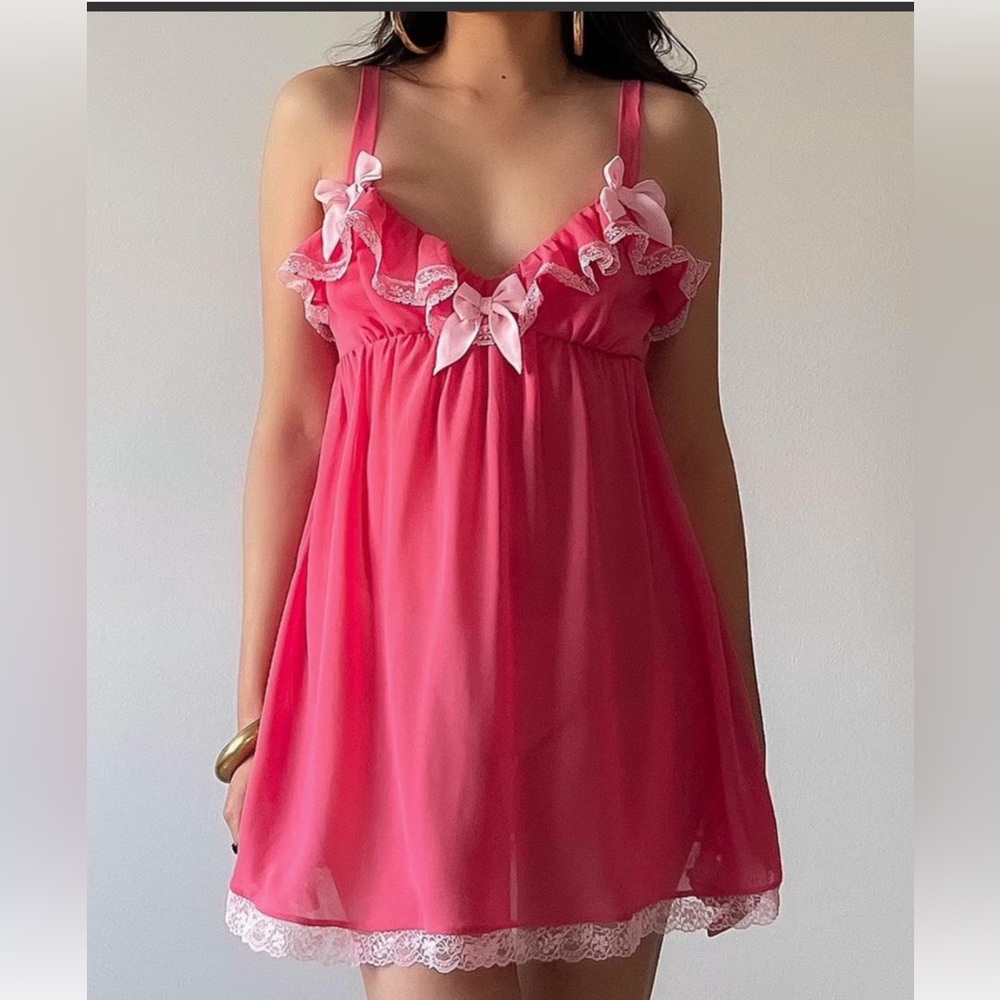 Victoria's Secret vintage Sexy Sheer Pink Babydoll Slip Dress Lace Bows size S